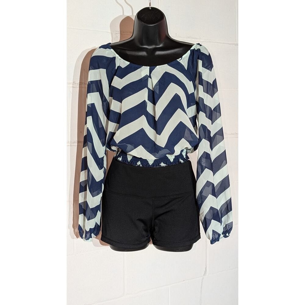 Xhilaration Chevron Blouse Top Long Sleeve Blue Teal Smocked Waist Sheer Small